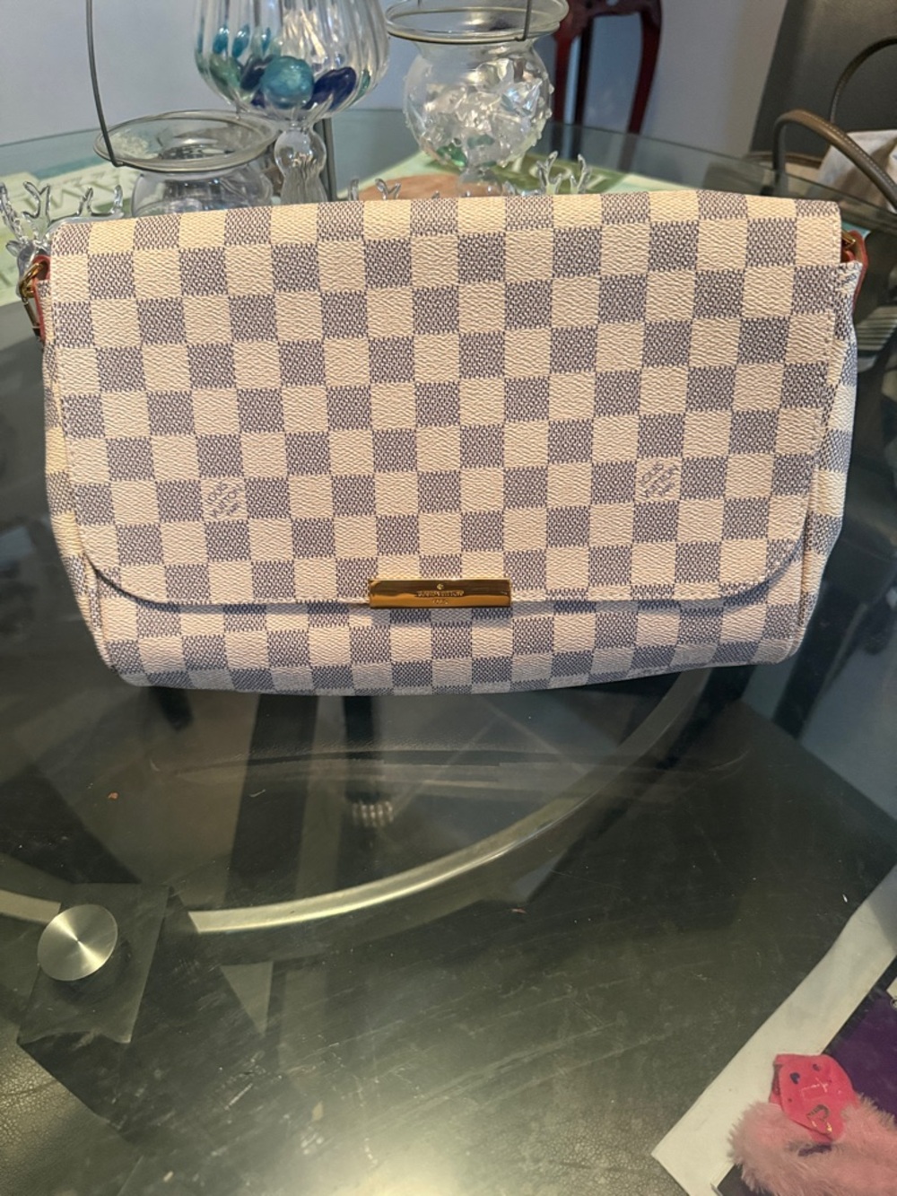 Cream and Gray Checkered Shoulder Bag
